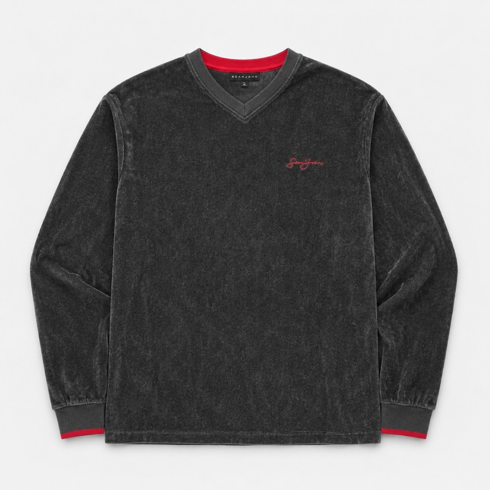 FUBU Mens M Vintage 90s Velour Shirt Gray Red V Neck Hip Hop Streetwear
